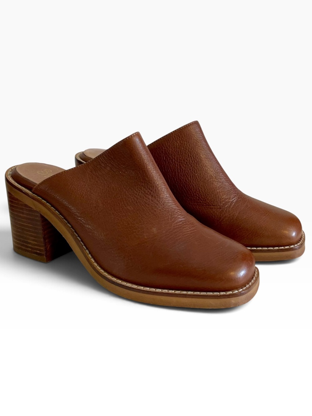 Seychelles Modern 70s Leather Block Heel Boho Mules Clogs Slide Cognac Brown 7.5